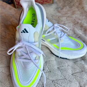 Adidas Ultra White and Neon Yellow Running Shoes